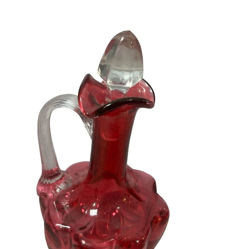Vintage Cranberry Glass Thumbprint Cruet Decanter with Stopper Red 6in